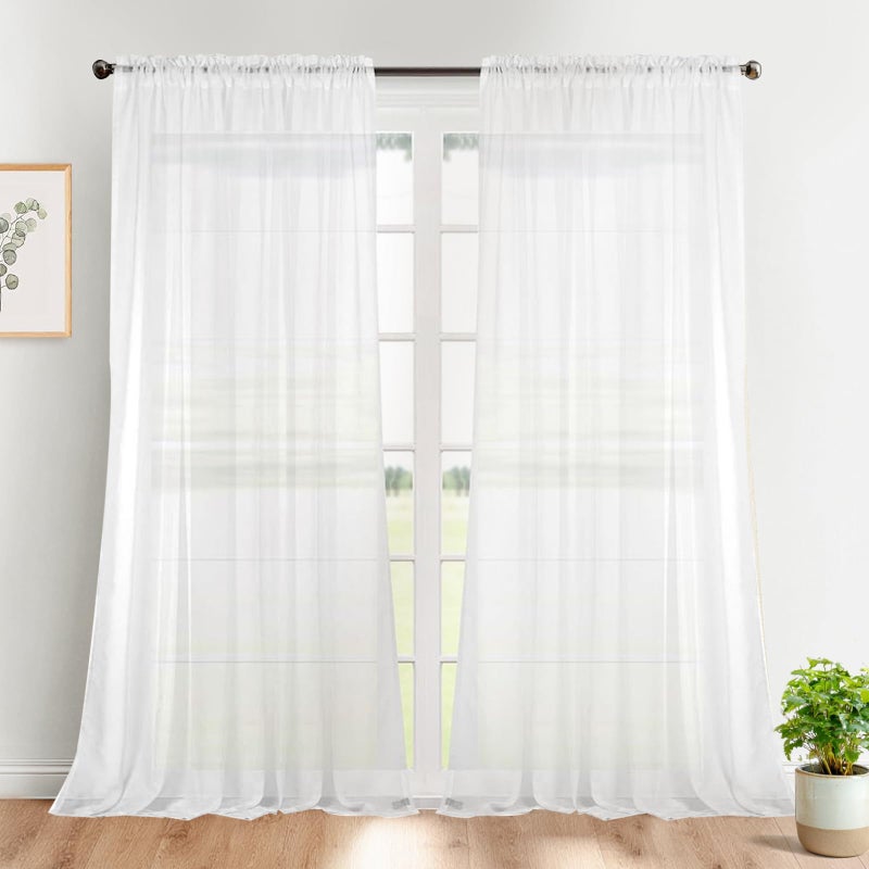 Dreaming Casa Solid Sheer Curtains Draperies White Rod Pocket 2 Panels 72" W x 96" L - Image 1